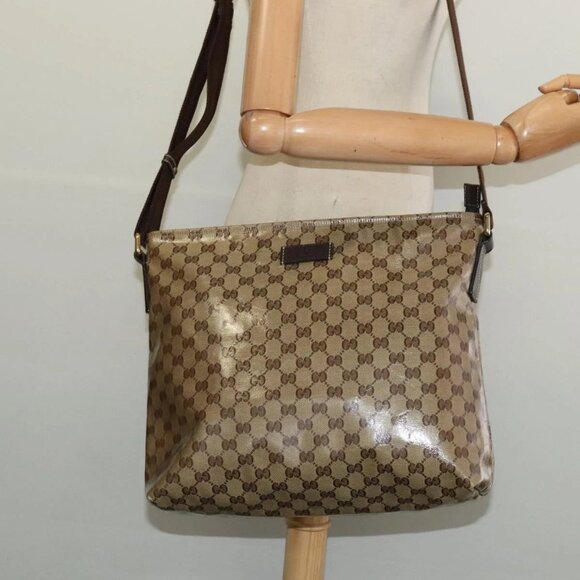 GUCCI GG Crystal Shoulder Bag Coated Canvas Outlet Beige Gold - Picture 1 of 15